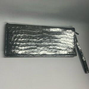 Lodis Metalic Silver Pewter Croc Embossed Leather Long Clutch Wristlet